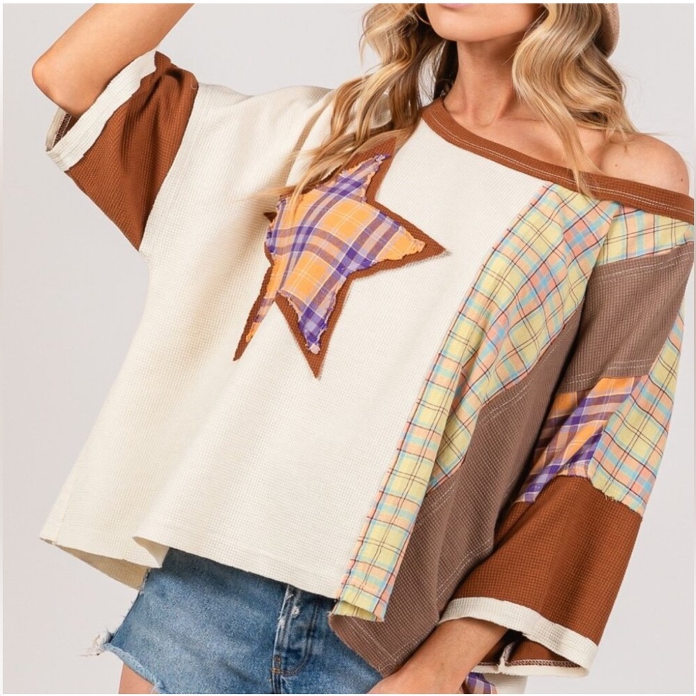 🧨192. NWT Sage+Fig SHORT SLEEVE MULTI CONTRAST STAR PATCHWORK OVERSIZED SHIRT